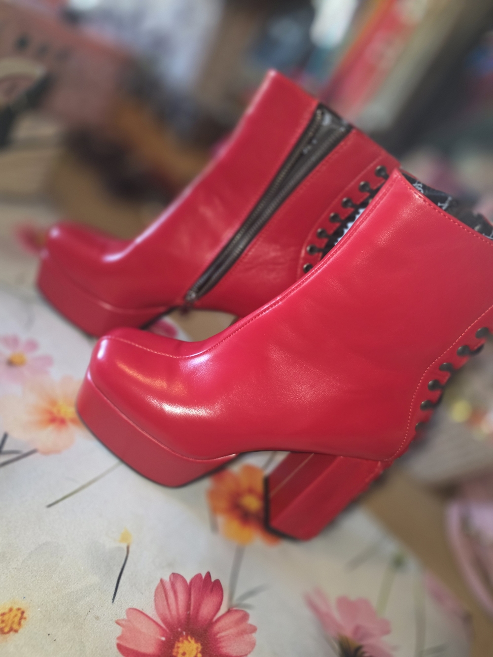 Vibrant Red Platform Block Heel Ankle Boots